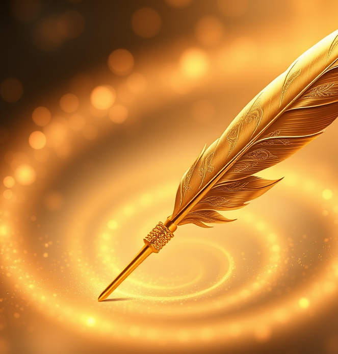 Decorative gold quill with magic sparkles